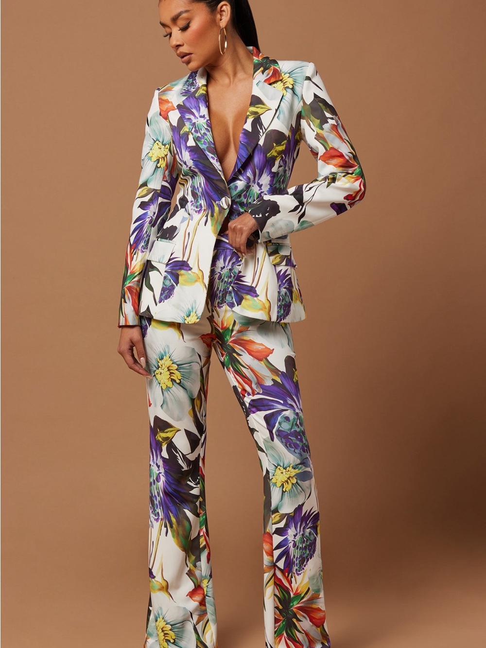 Fashion Nova Luxe Floral Print Tailored Blazer & Wide-Leg Pants Set - White, L